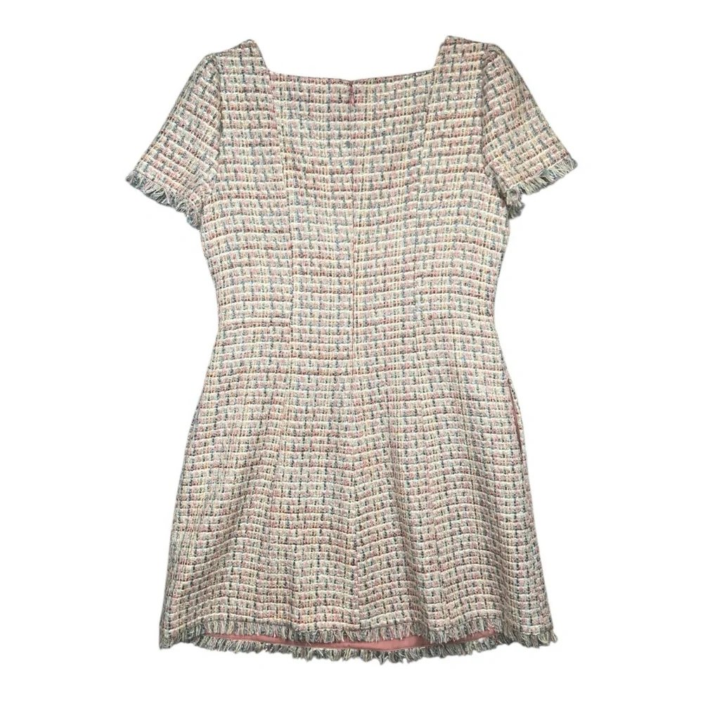 NWOT Gal Meets Glam Stacy Boucle Mini Dress Tweed Pink Retro Fringe Button US 12